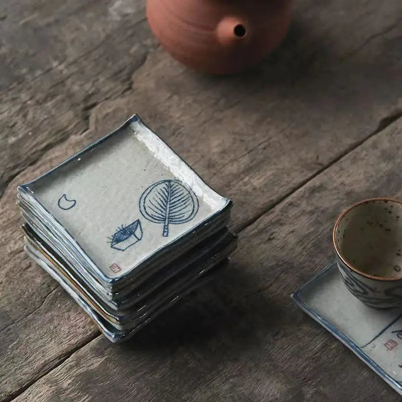 Handmade Ceramic Tea Coaster Square Cup Holder Blue White Porcelain Kung Fu Tea Set Zen Style
