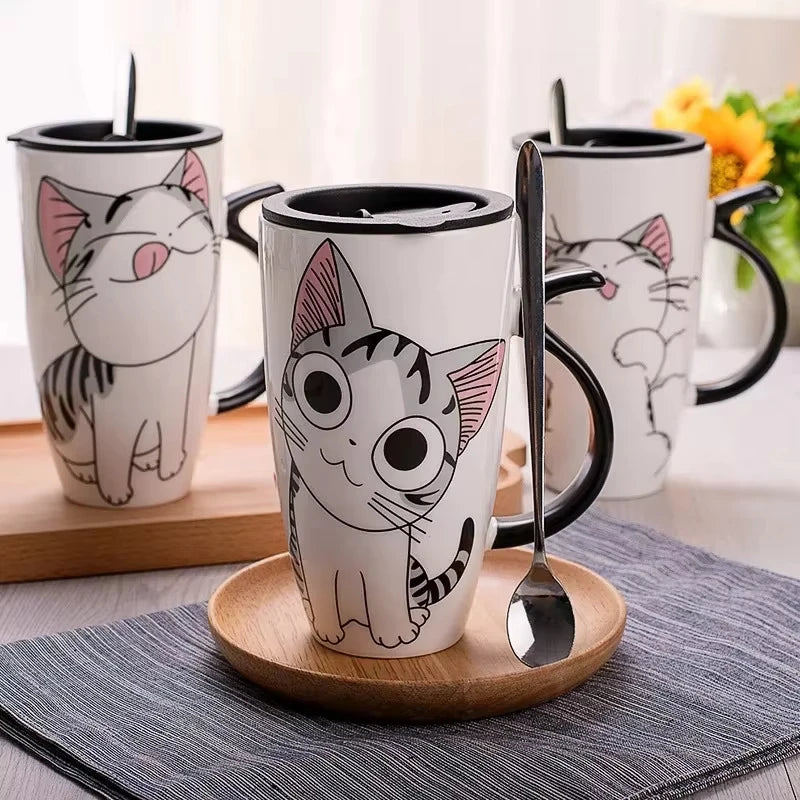 Creative Cute Large Capacity Ceramic Mug with Lid Spoon Straw for Office Home Use