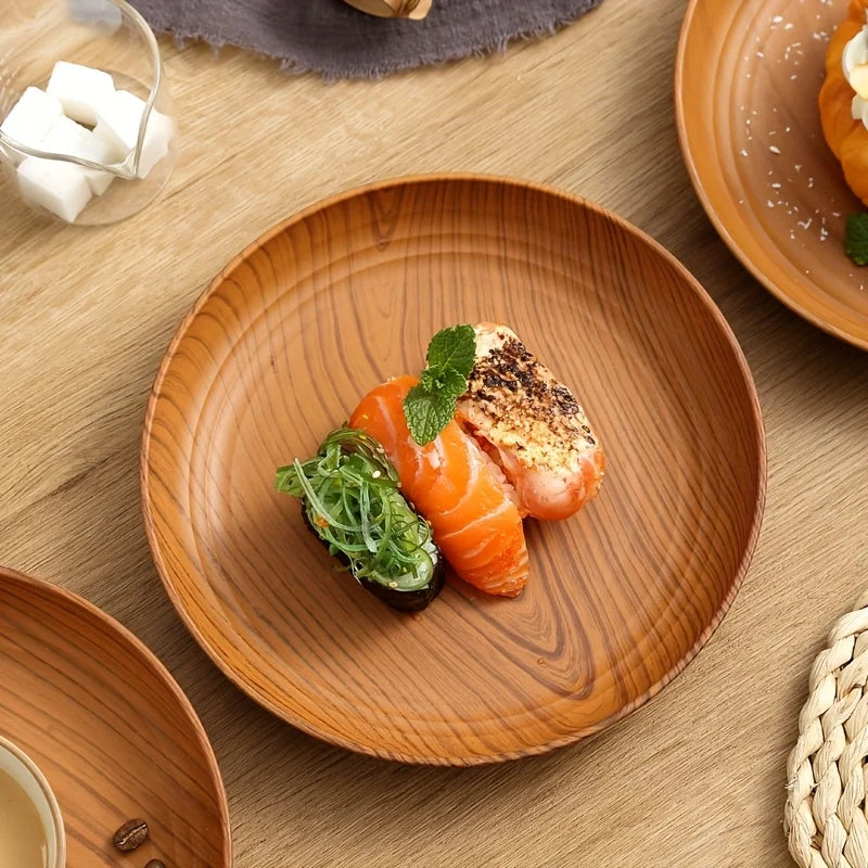 Cross Border Wood Grain Round Plate Dish Plate for Home Fruit Dessert Coffee Cake Plastic Tray