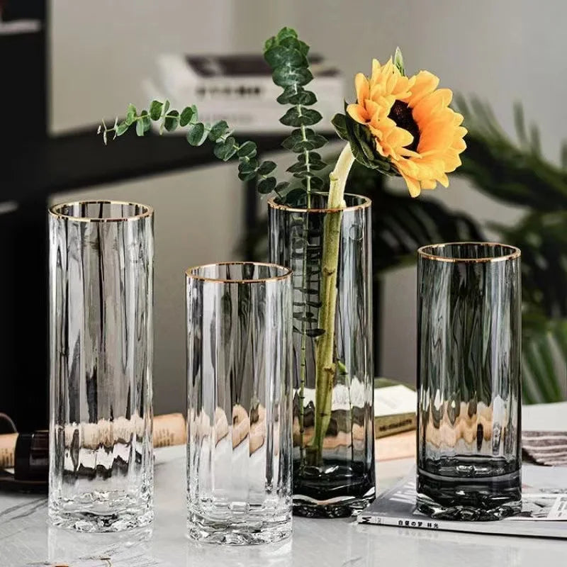 Smoke Gray Transparent Glass Vase with Floral Base for Fresh Flowers Lucky Bamboo Home Decor