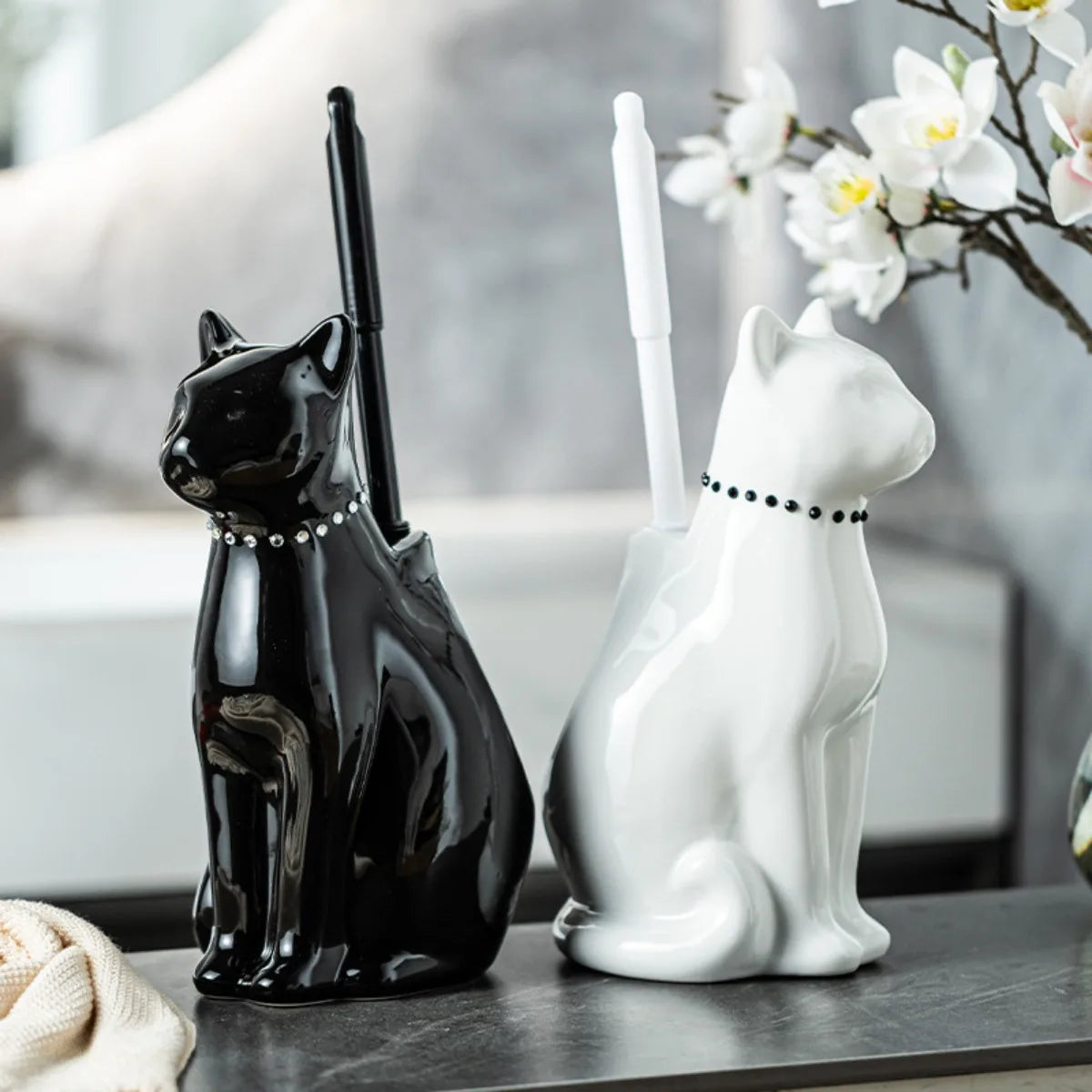 Ceramic Toilet Brush Holder Long Handle Bathroom Cleaning Tool for Home