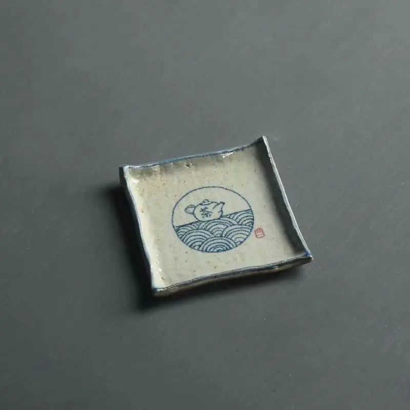 Handmade Ceramic Tea Coaster Square Cup Holder Blue White Porcelain Kung Fu Tea Set Zen Style