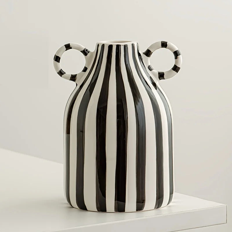 Hand-Painted Ceramic Vase with Dual Handles - Striped, Cylinder Design for Living Room Decor, Earthenware, Decorative Ornaments